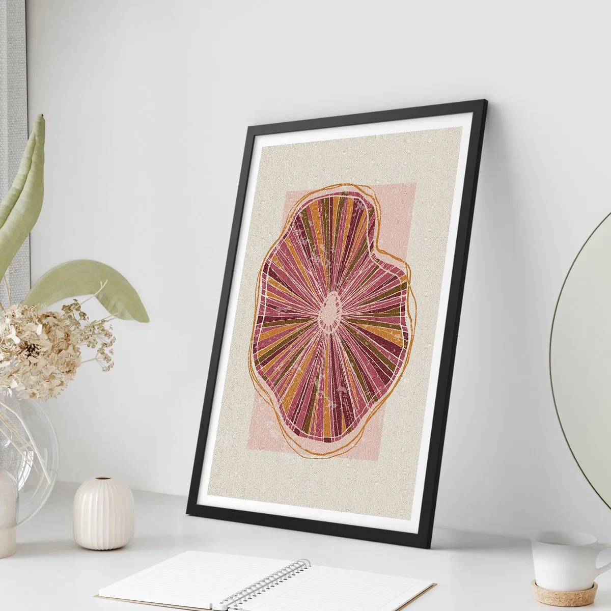Affisch i svart ram - Abstrakt tvärsnitt av ett träd i nyanser av rosa och brunt. - 50x70cm - Strålande abstraktion - Modern väggdekoration för vardagsrum och sovrum ARTTOR