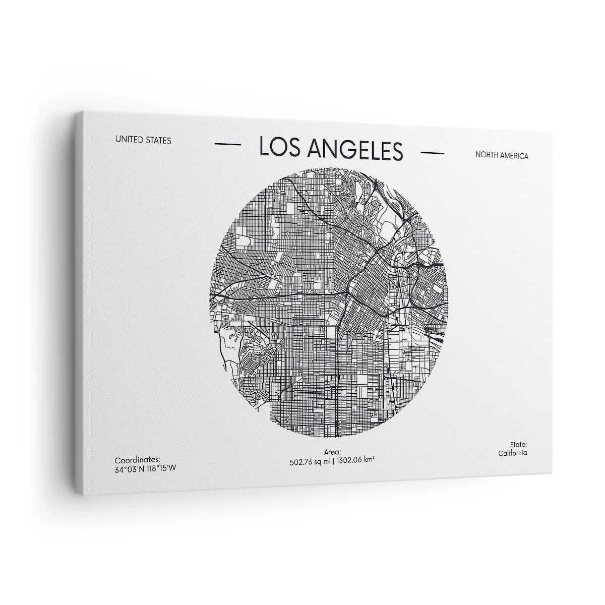 Canvastavla - Bild på duk - En karta över Los Angeles i minimalistisk svartvit stil - 70x50cm - Los Angeles anatomi - Modern väggdekoration för vardagsrum och sovrum ARTTOR
