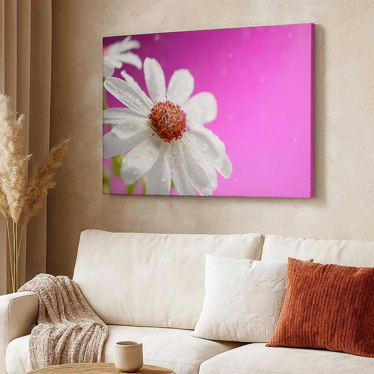 Canvastavla - Bild på duk - En vit prästkrage täckt med vattendroppar på en rosa bakgrund - 70x50cm - Sparsam i sin skönhet - Modern väggdekoration för vardagsrum och sovrum ARTTOR