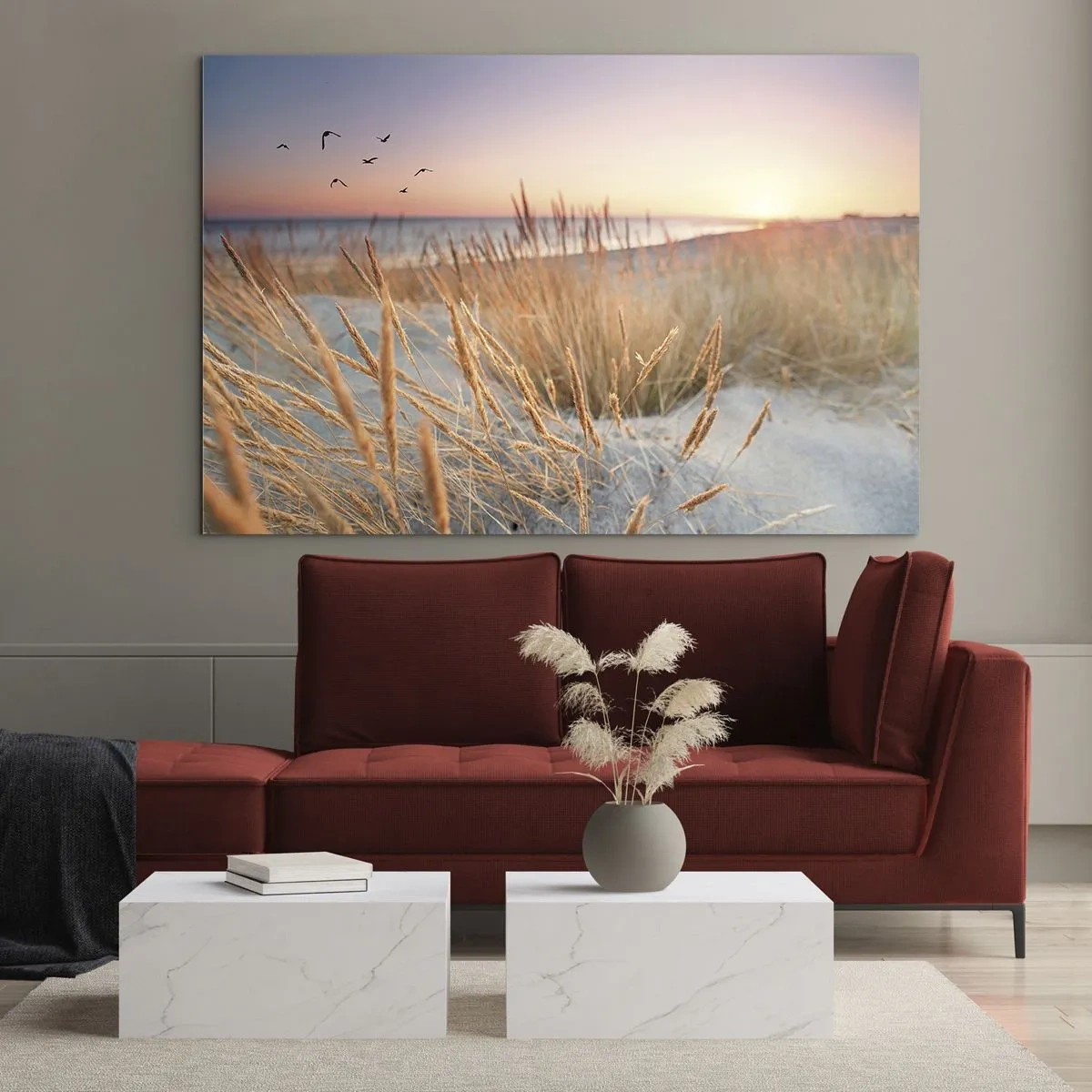 Glastavla - Bild på glas - En strand med gräs och solnedgången över havet - 70x50cm - Östersjövaggvisa - Modern väggdekoration för vardagsrum och sovrum ARTTOR