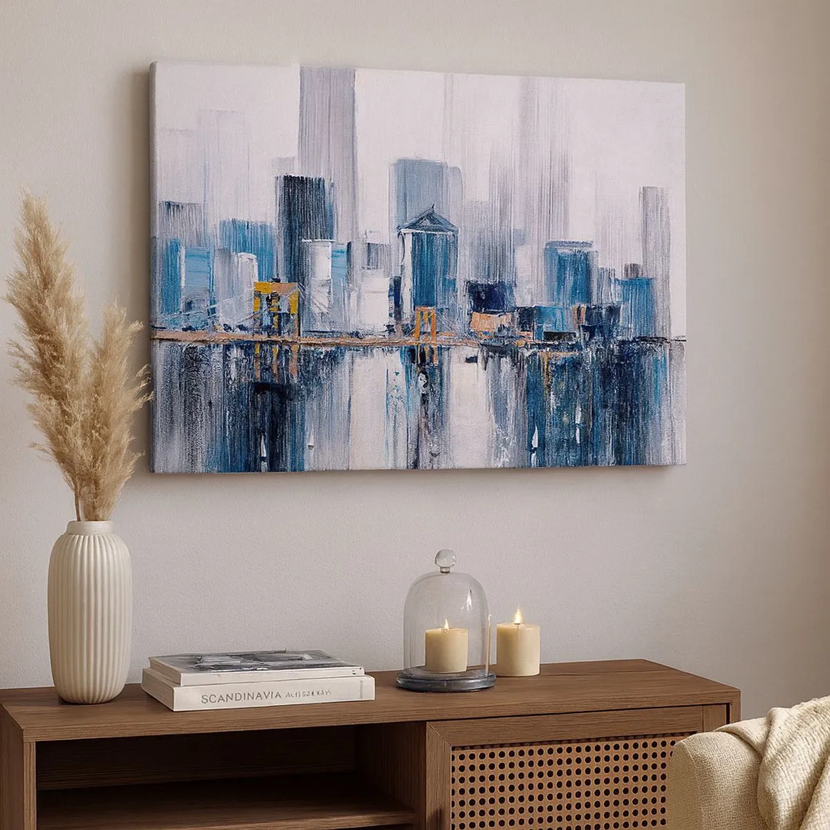 Canvastavla - Bild på duk - Abstrakt stadspanorama med nyanser av blått och gult - 70x50cm - New York-impression - Modern väggdekoration för vardagsrum och sovrum ARTTOR