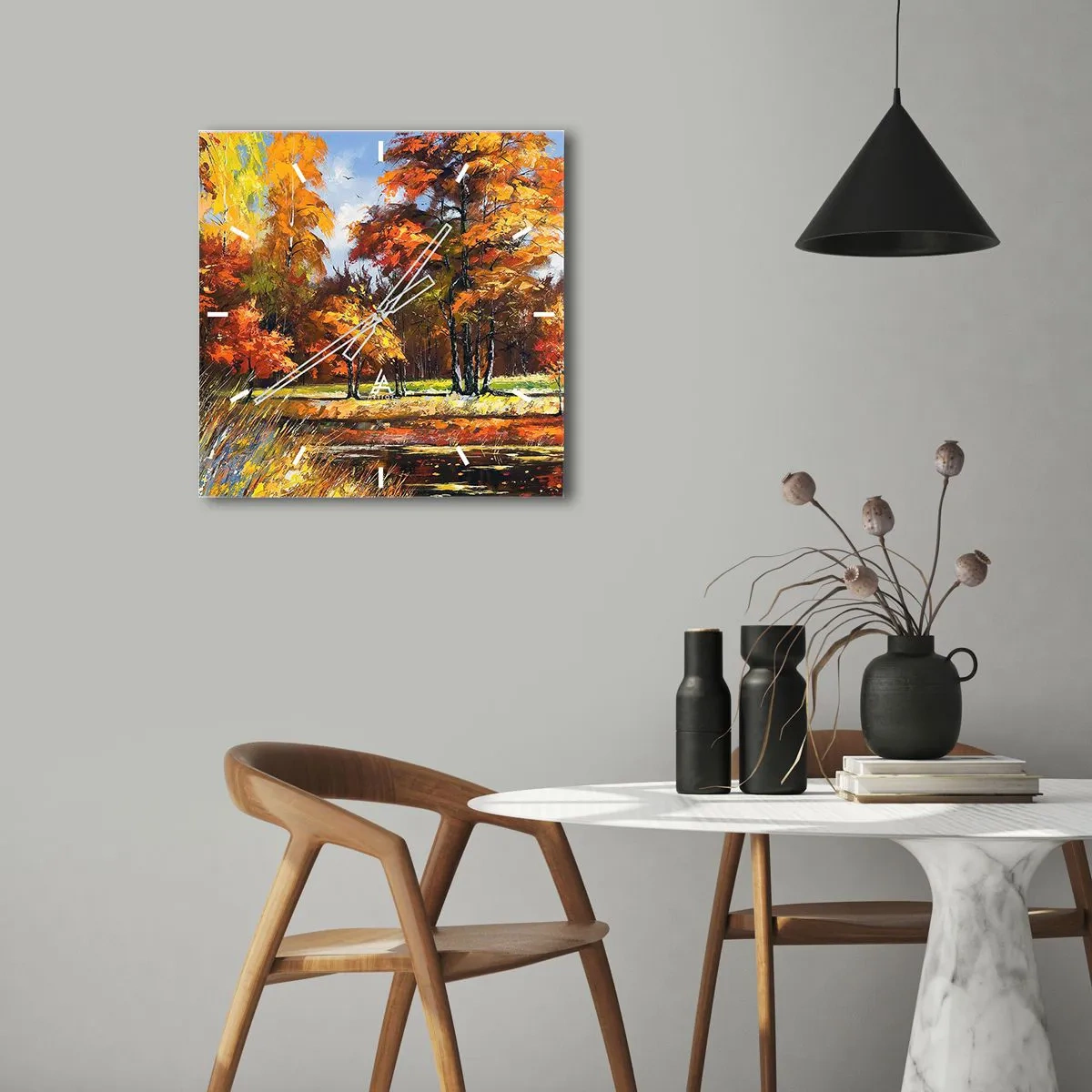 Väggklocka - Klocka på glas - Landskap i guld och brons - 30x30 cm