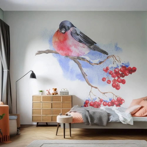 Självhäftande Fototapet Deluxe Sticker - Vinter i färger - Fågel På En Gren, Röd Rönn, Grafik - 200x140 cm