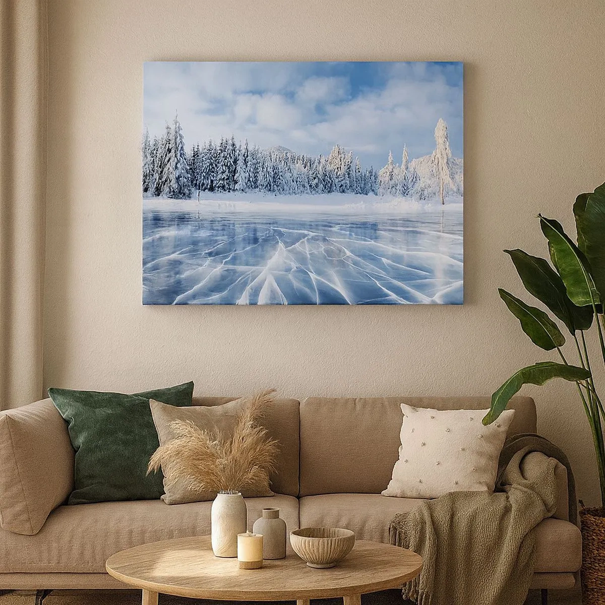 Canvastavla - Bild på duk - En frusen sjö omgiven av en snötäckt skog - 70x50cm - Bedårande och kristallisk vy - Modern väggdekoration för vardagsrum och sovrum ARTTOR