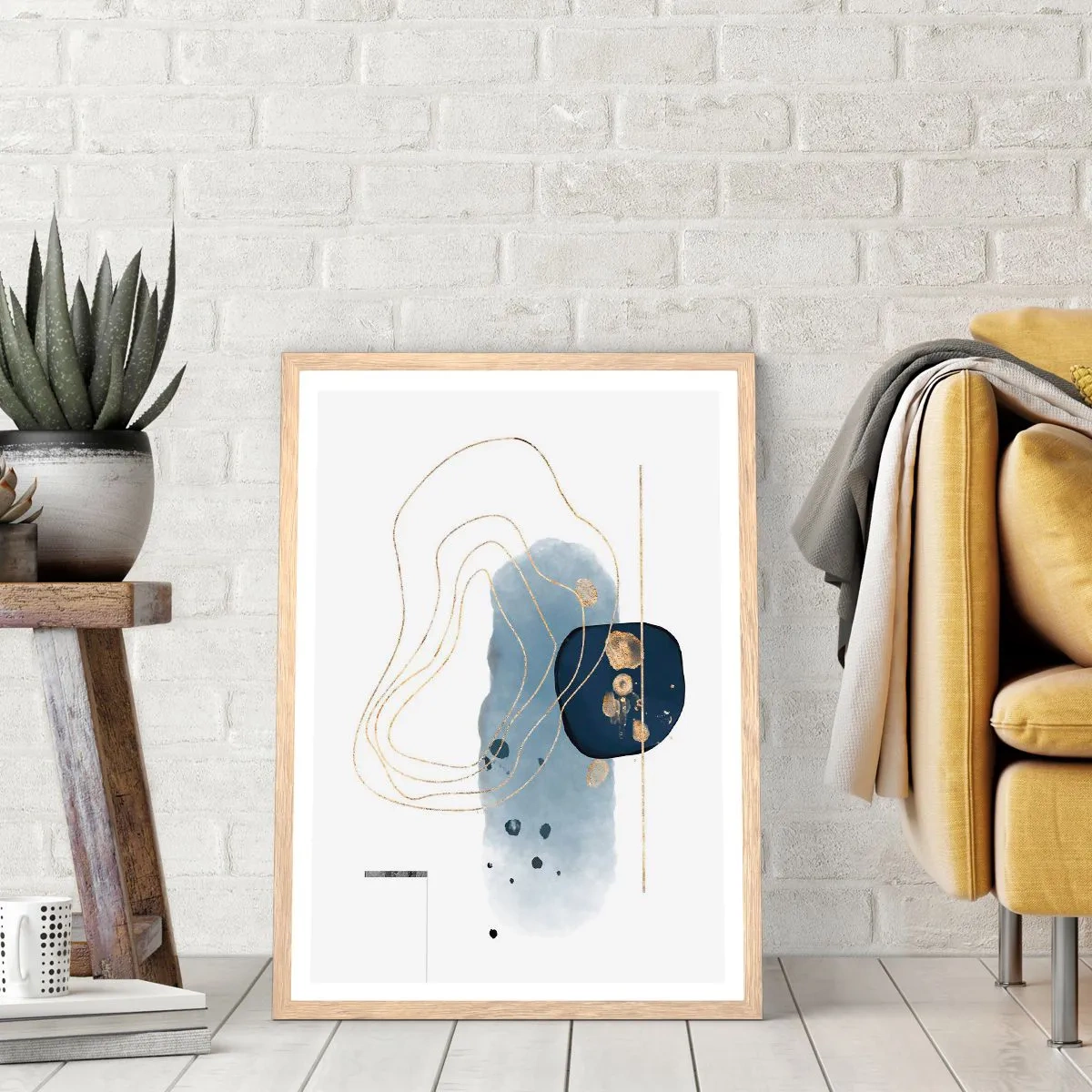 Affisch i ram av ljusek - Blå-guld fantasi - 70x100 cm