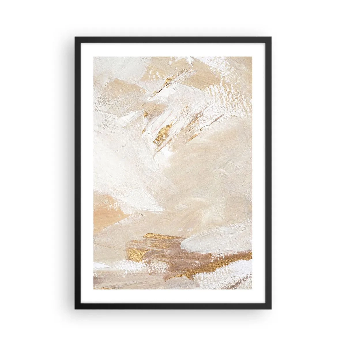 Affisch i svart ram - Abstrakta penseldrag i beige och guld - 50x70cm - Pastellfärgad komposition - Modern väggdekoration för vardagsrum och sovrum ARTTOR