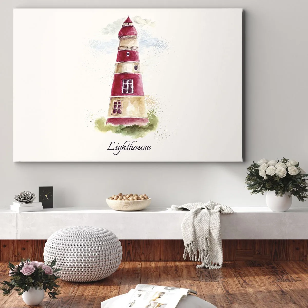 Canvastavla - Bild på duk - En akvarellmålning av en fyr på en ljus bakgrund med en inskription - 70x50cm - Det är alltid något väder - Modern väggdekoration för vardagsrum och sovrum ARTTOR