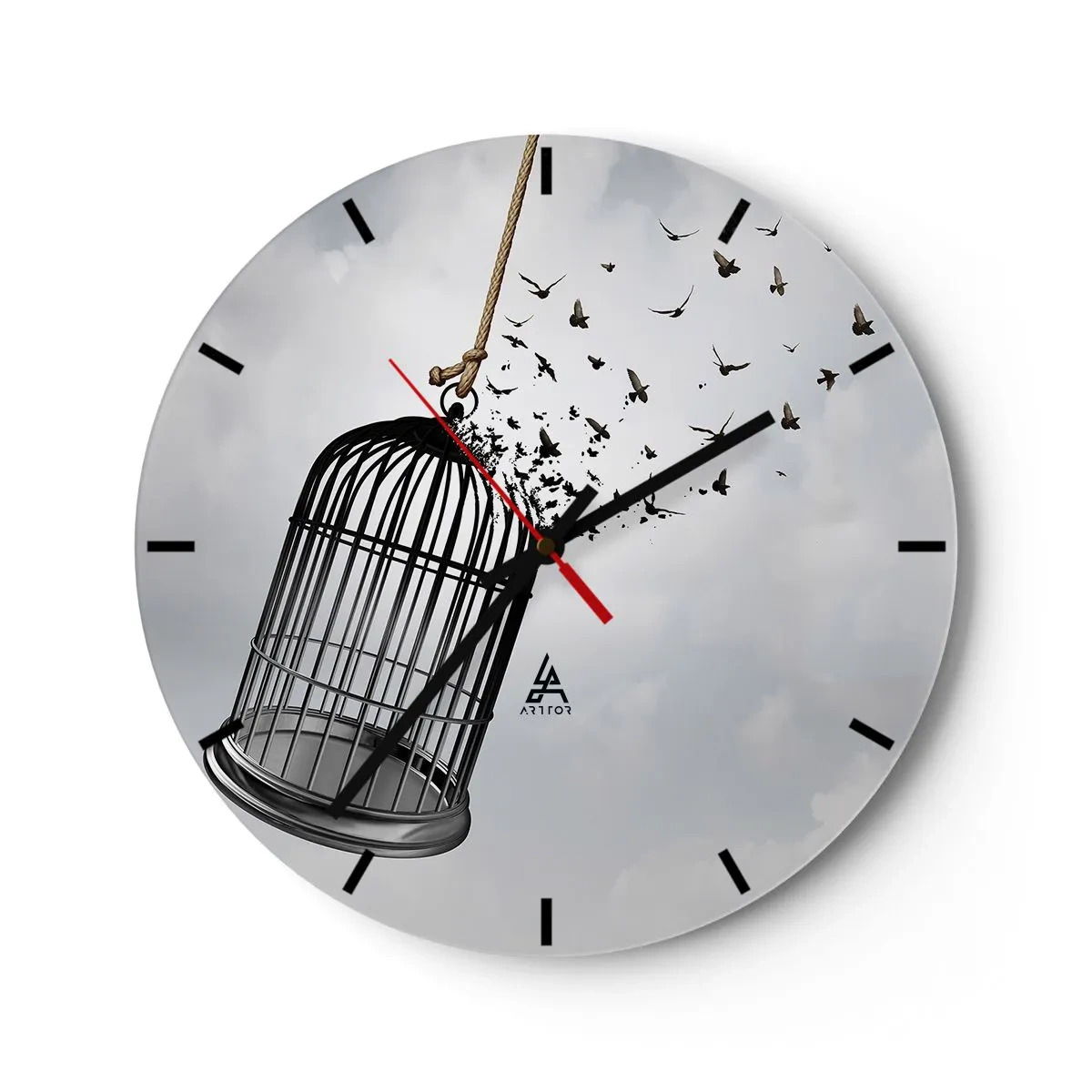 Väggklocka - Klocka på glas - Buren öppnas och fåglarna flyger ut mot himlen - 30x30cm - Tro...Hopp...Frihet! - Modern väggdekoration för vardagsrum, kök och sovrum ARTTOR