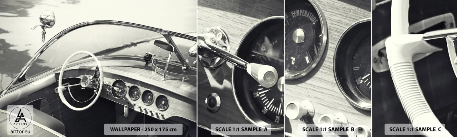 Provbit av självhäftande fototapet Deluxe Sticker - Väder för de rika - Vintage båt, Motorbåt, Svartvitt - 100x30 cm