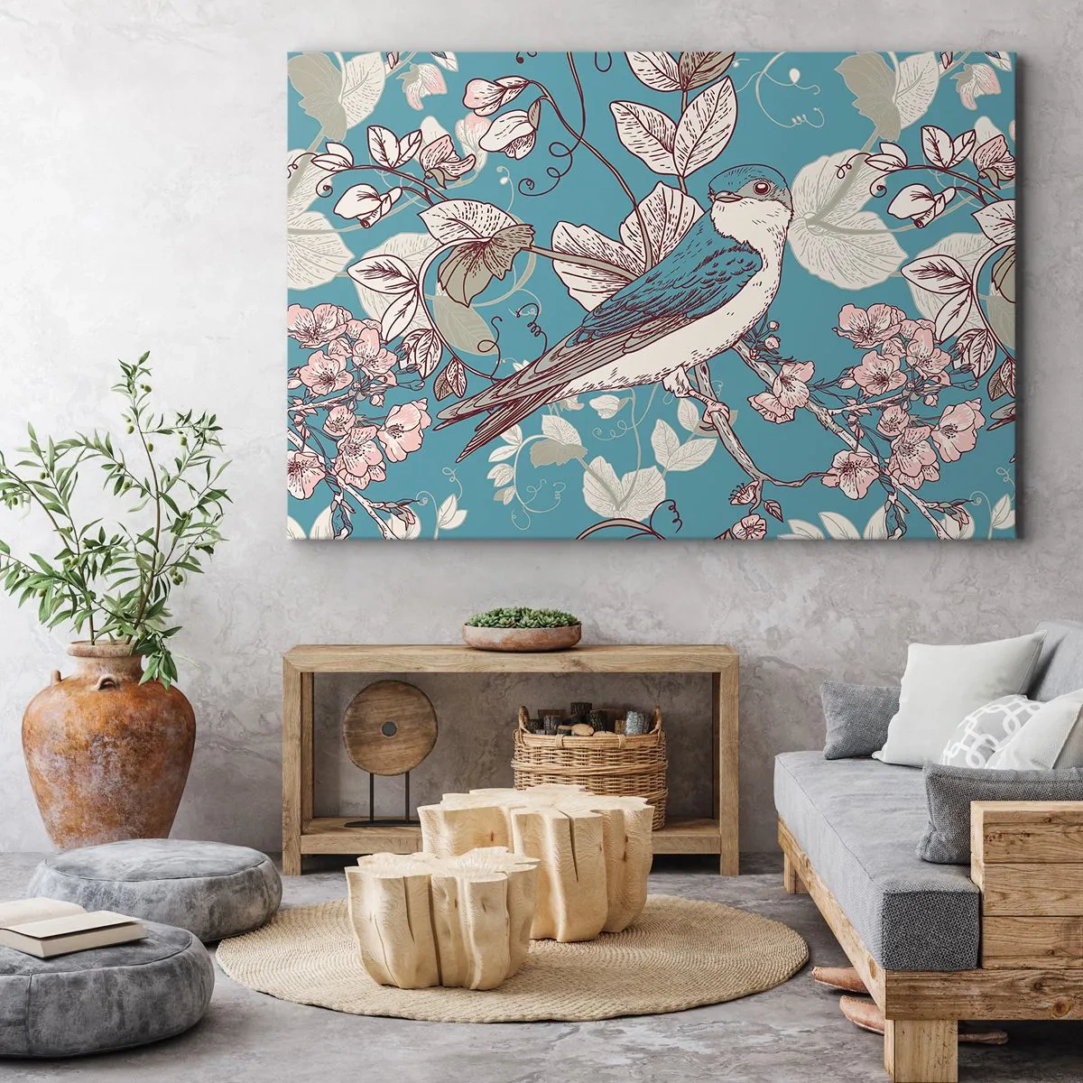 Canvastavla - Bild på duk - En fågel på en gren i en delikat blommig stil - 70x50cm - Japansk svala - Modern väggdekoration för vardagsrum och sovrum ARTTOR
