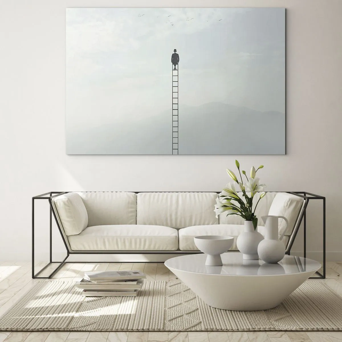 Glastavla - Bild på glas - Silhuetten av en man högst upp på en stege i molnen - 70x50cm - Var över det - Modern väggdekoration för vardagsrum och sovrum ARTTOR
