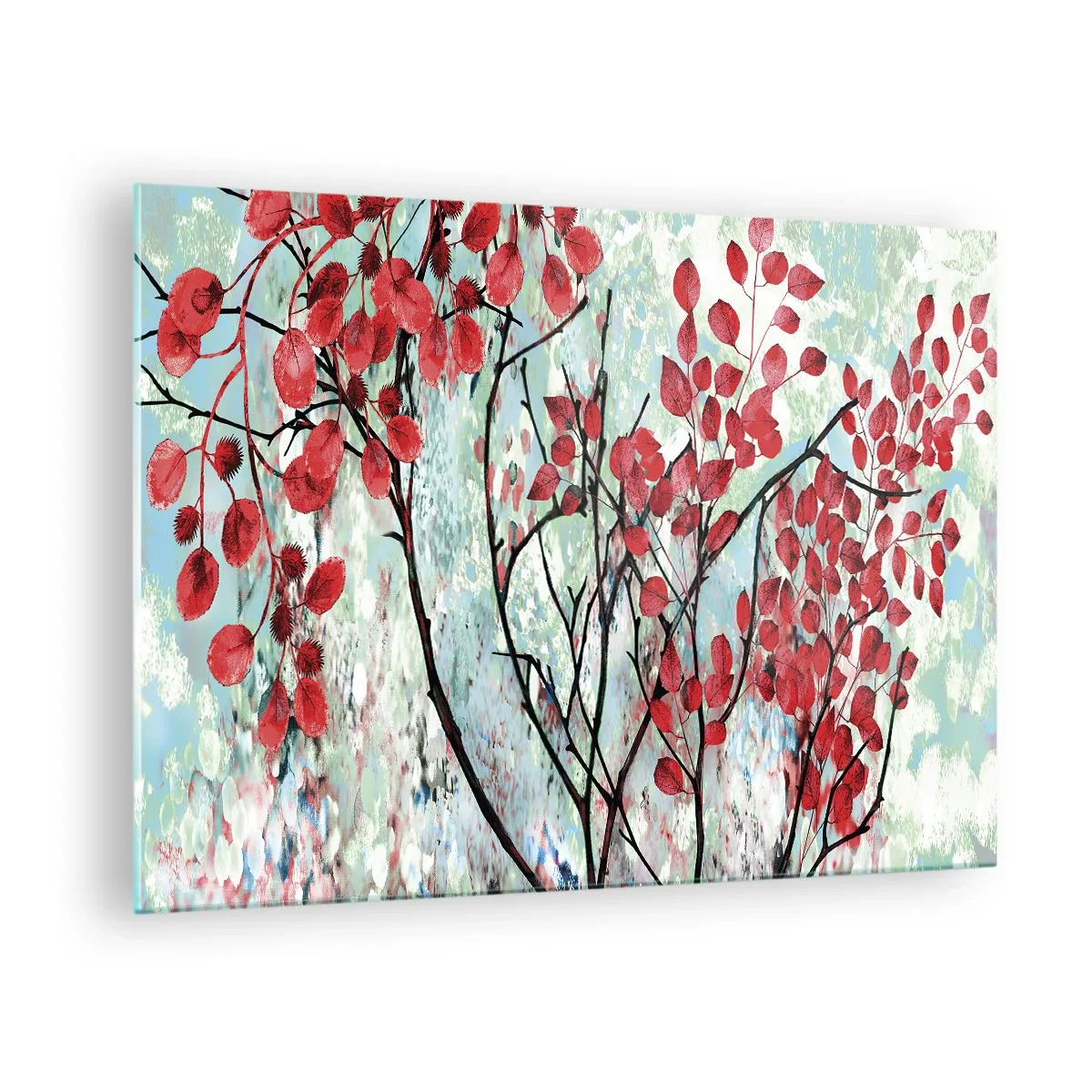 Glastavla - Bild på glas - Grenar med röda blad på en målad bakgrund - 70x50cm - Träd i scharlakansröd - Modern väggdekoration för vardagsrum och sovrum ARTTOR