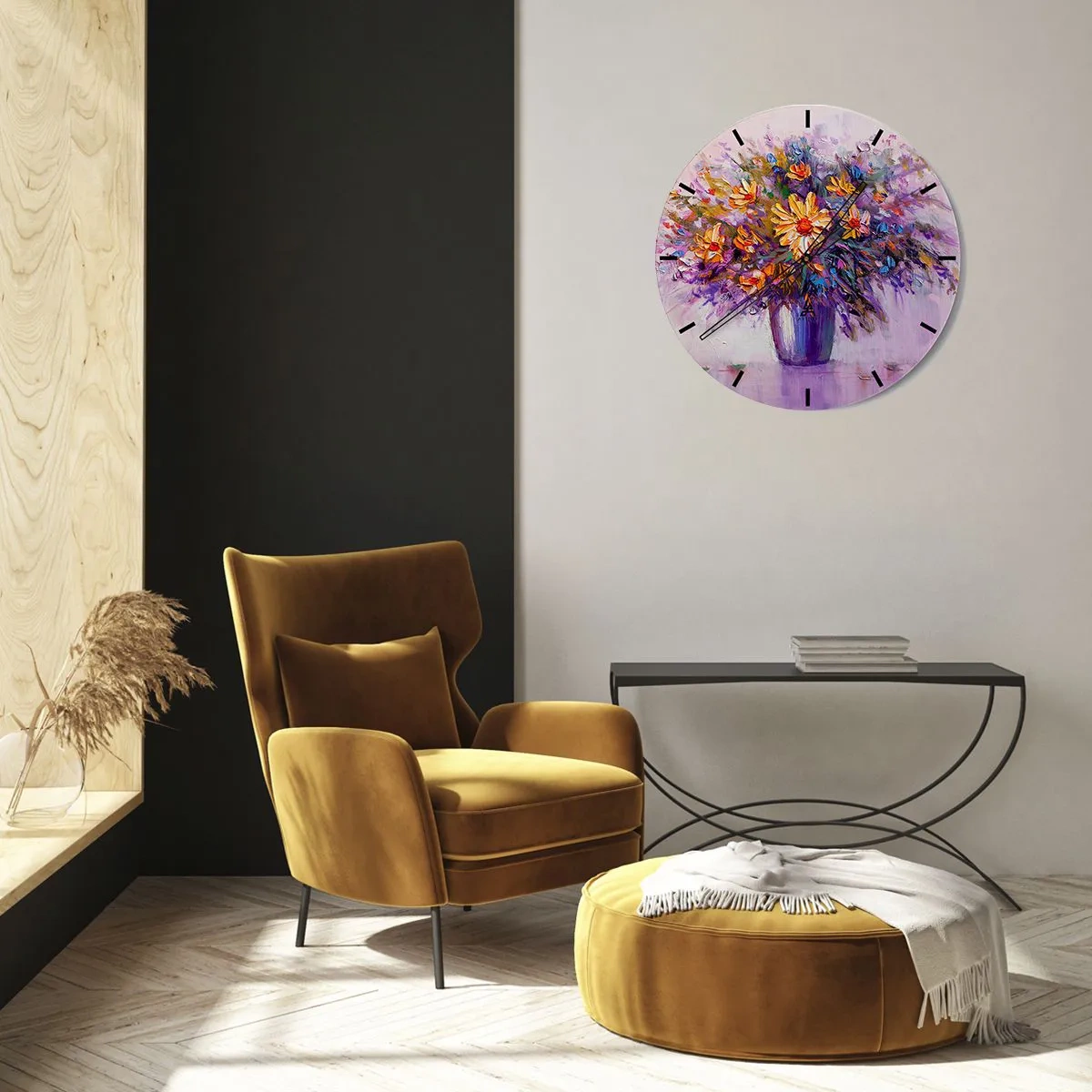 Väggklocka - Klocka på glas - En bukett blommor i lila med intensiva färger - 30x30cm - Doftar sött, ser sött ut - Modern väggdekoration för vardagsrum, kök och sovrum ARTTOR