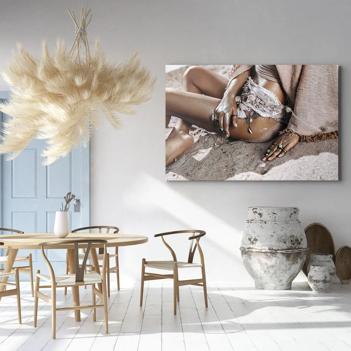 Canvastavla - Bild på duk - Boho kvinna på stranden med smycken - 70x50cm - Utkastad av vågorna? - Modern väggdekoration för vardagsrum och sovrum ARTTOR