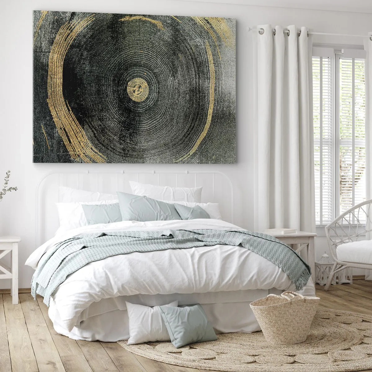Canvastavla - Bild på duk - Koncentriska cirklar med gulddetaljer - 70x50cm - Förändring och varaktighet - Modern väggdekoration för vardagsrum och sovrum ARTTOR