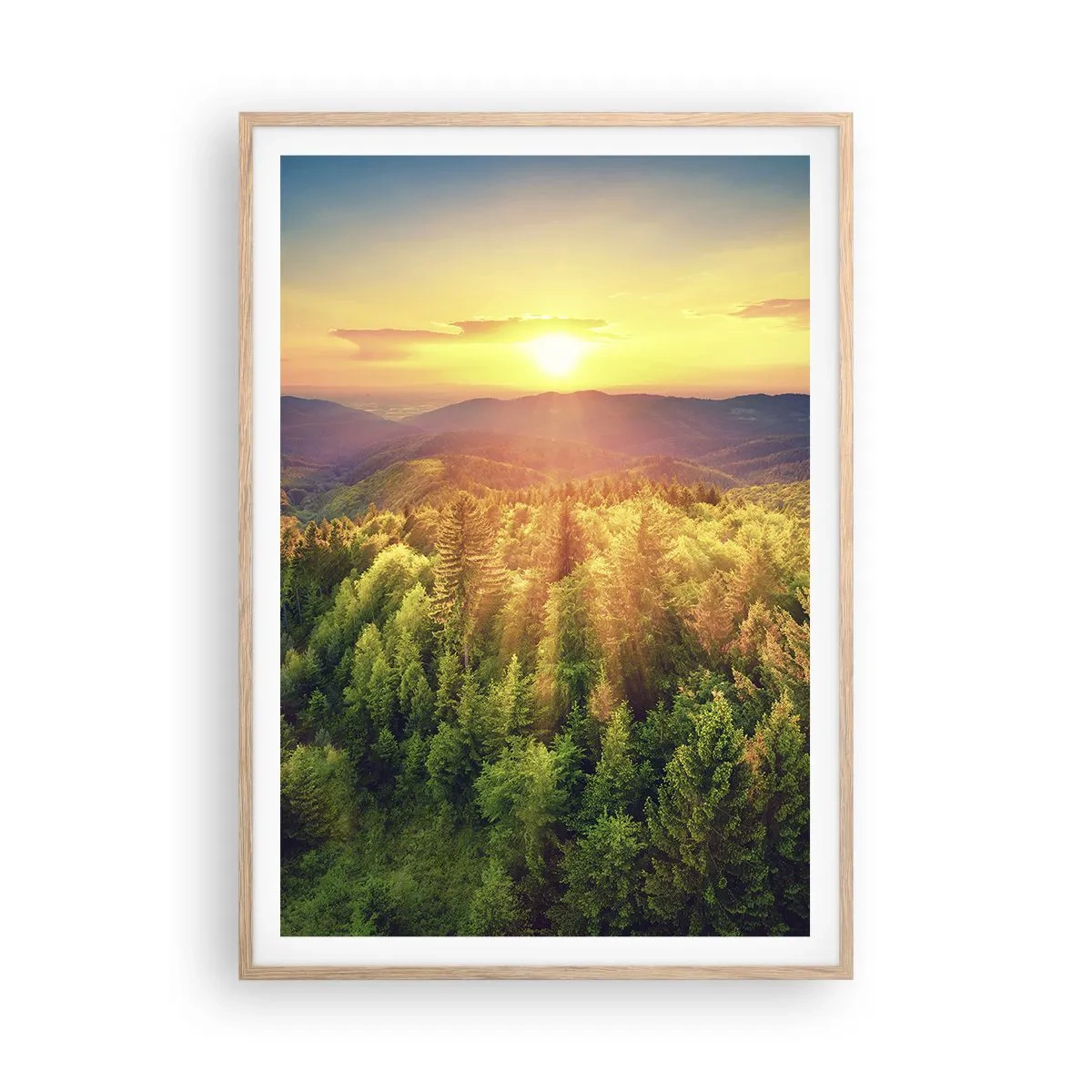 Affisch i ram av ljusek - Trädtoppar och bergstoppar - 70x100 cm