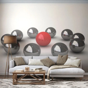 Fototapet Premium Sand - Ring i silver och röd - Abstraktion, 3D, Runda bollar - 100x70 cm