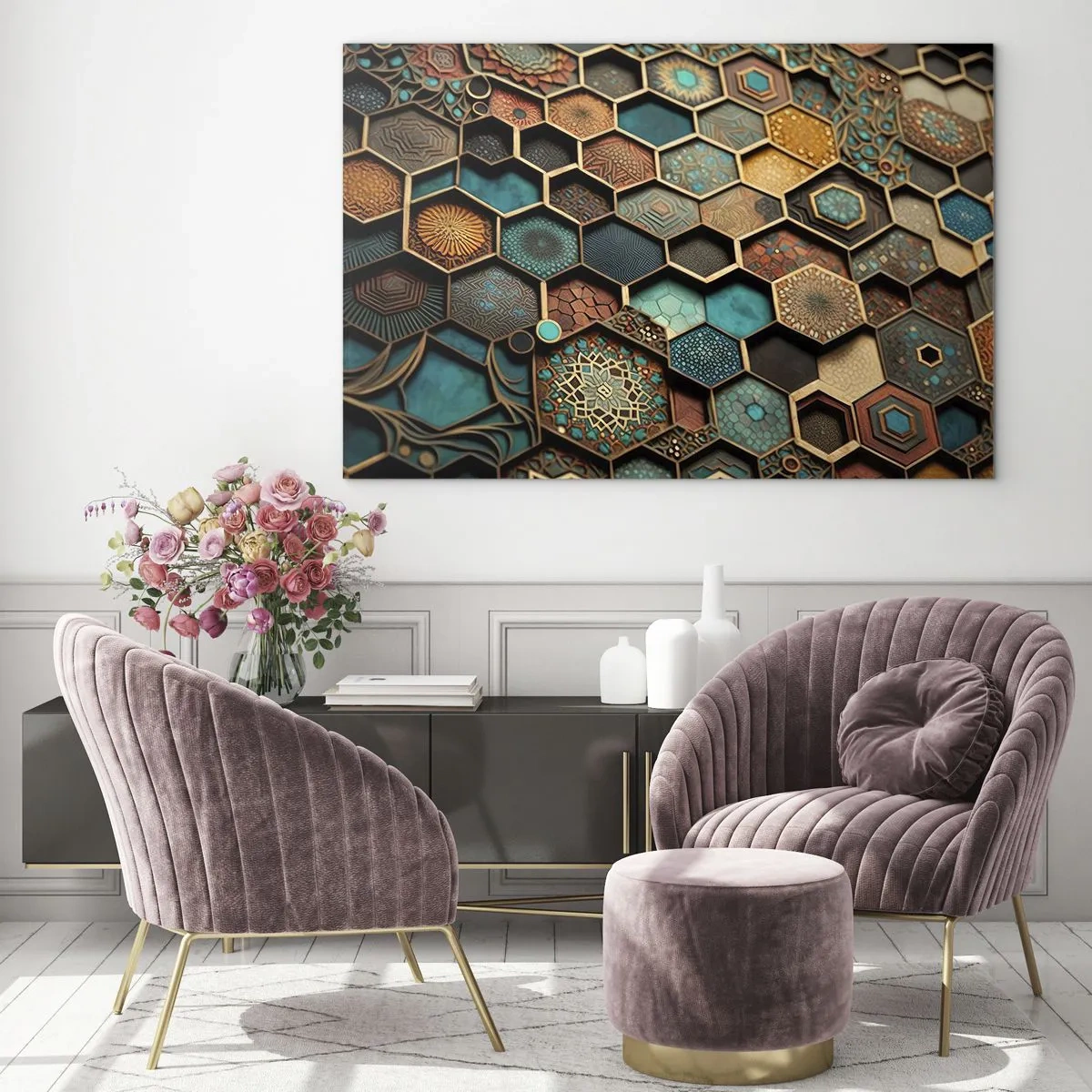 Glastavla - Bild på glas - Mosaik med geometriska mönster i orientalisk stil - 70x50cm - Arabiska ornament - en variation - Modern väggdekoration för vardagsrum och sovrum ARTTOR