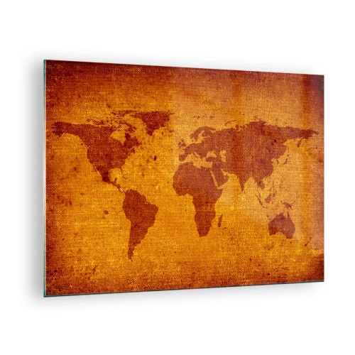 Glastavla - Bild på glas - En världskarta i varma sepiafärger - 70x50cm - Inbjudan till resa - Modern väggdekoration för vardagsrum och sovrum ARTTOR