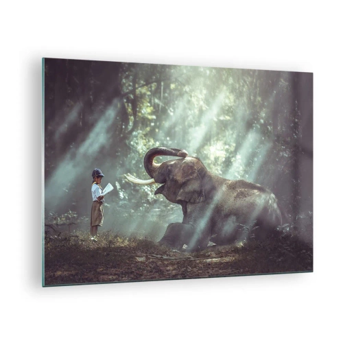 Glastavla - Bild på glas - En pojke med en bok och en elefant i en skogsmiljö - 70x50cm - Lyssna på det... - Modern väggdekoration för vardagsrum och sovrum ARTTOR