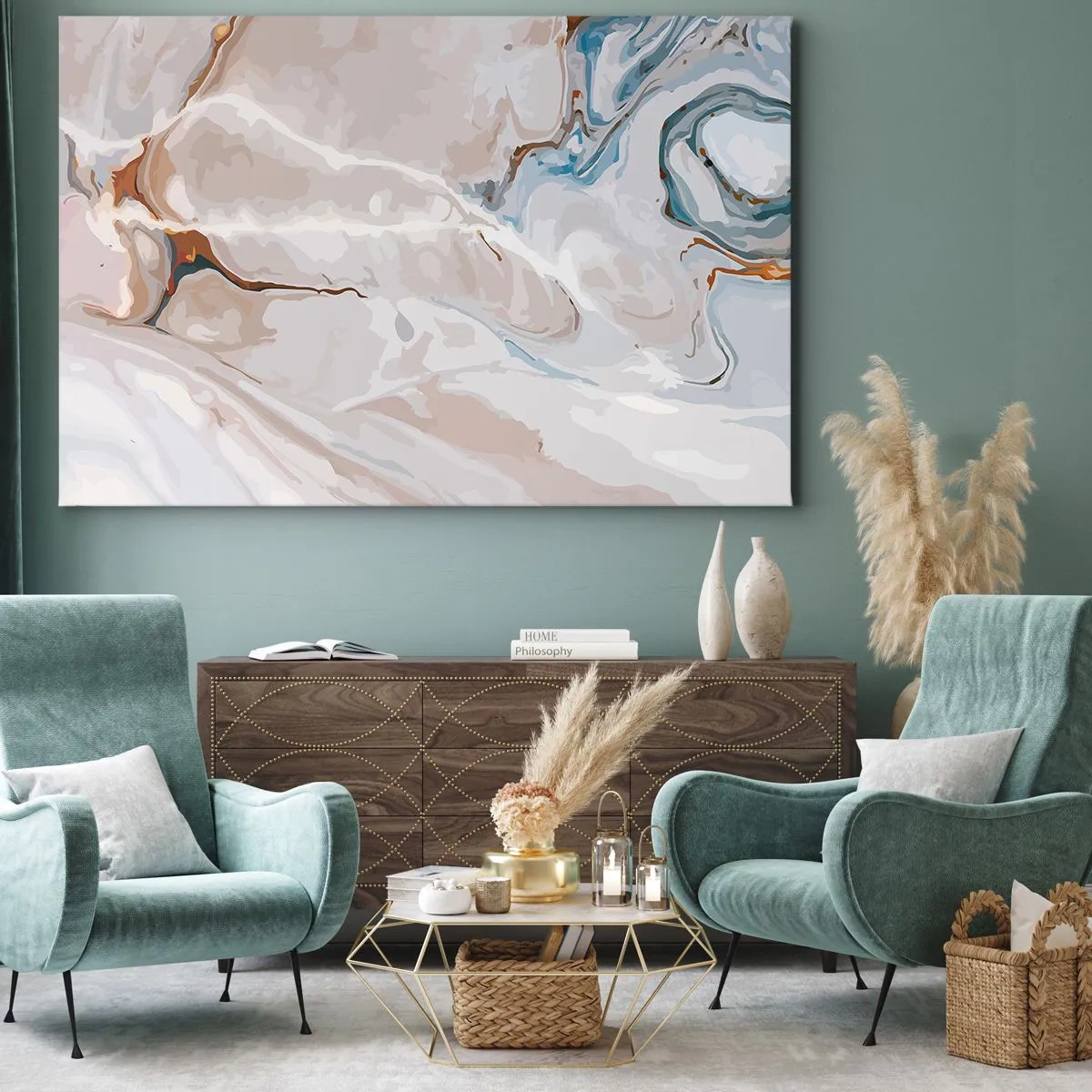 Canvastavla - Bild på duk - Abstrakt mönster i nyanser av vitt och blått - 70x50cm - Blåa meanderlopp under vithet - Modern väggdekoration för vardagsrum och sovrum ARTTOR