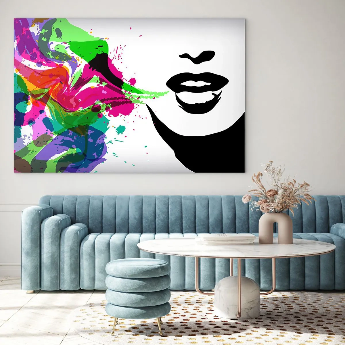 Glastavla - Bild på glas - En färgglad abstraktion med en kvinnlig profil och färgklickar. - 70x50cm - Berättelse i regnbågens färger - Modern väggdekoration för vardagsrum och sovrum ARTTOR