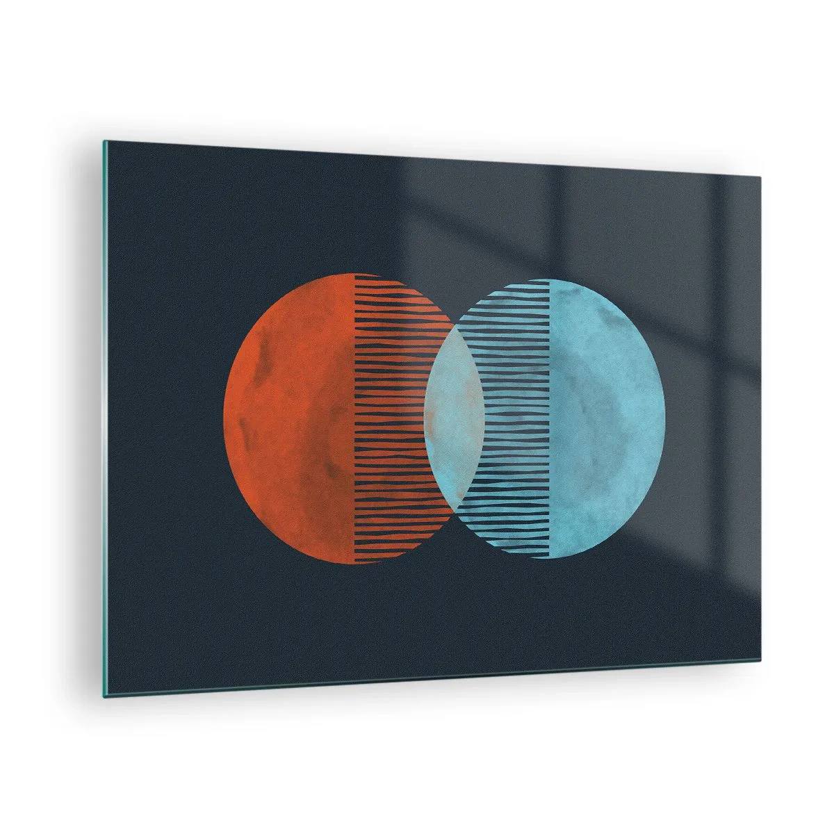 Glastavla - Bild på glas - Två korsande färgglada planeter med ett geometriskt mönster - 70x50cm - Astronomisk fantasi - Modern väggdekoration för vardagsrum och sovrum ARTTOR