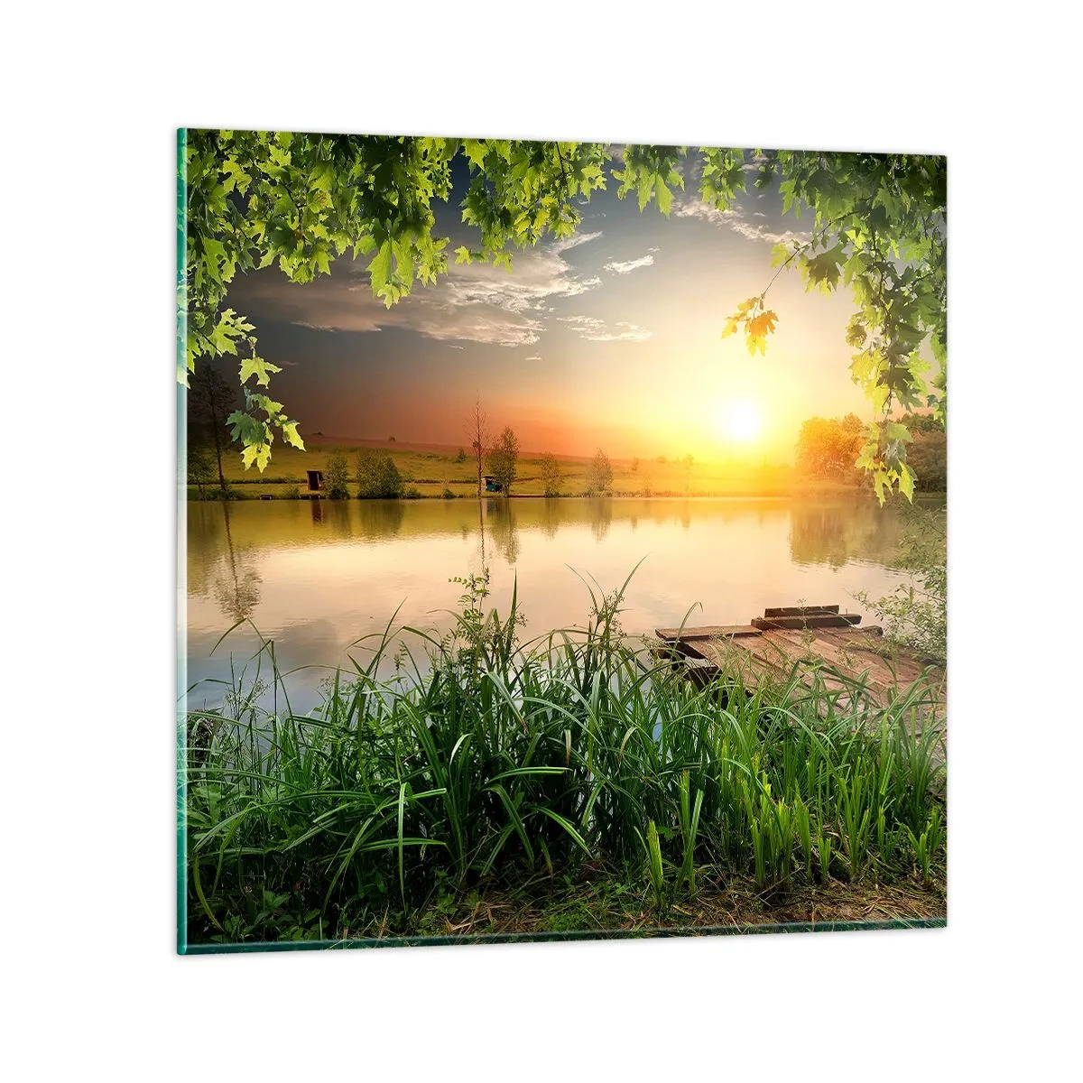 Glastavla - Bild på glas - landskap i en grön ram - 30x30 cm