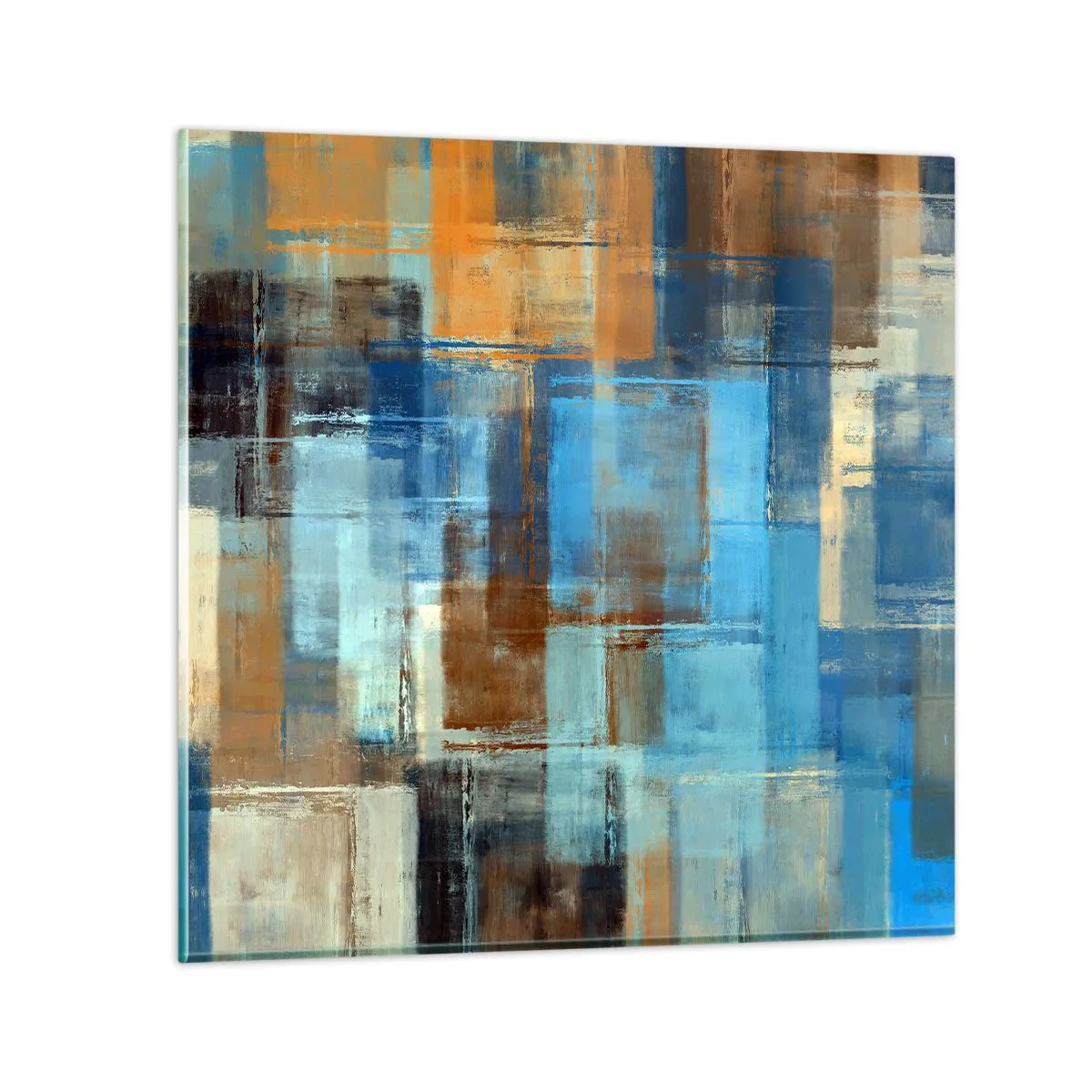 Glastavla - Bild på glas - Genom blåa gardinen - 70x70 cm