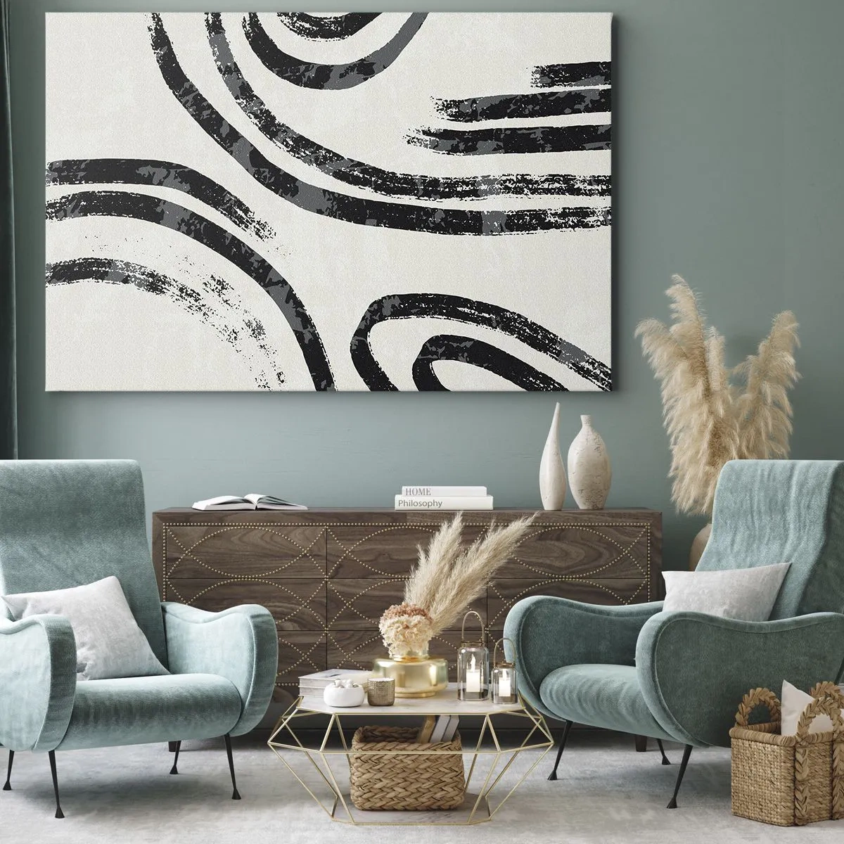 Canvastavla - Bild på duk - Svartvita abstrakta linjer på en ljus bakgrund - 70x50cm - Halvstoppad - Modern väggdekoration för vardagsrum och sovrum ARTTOR