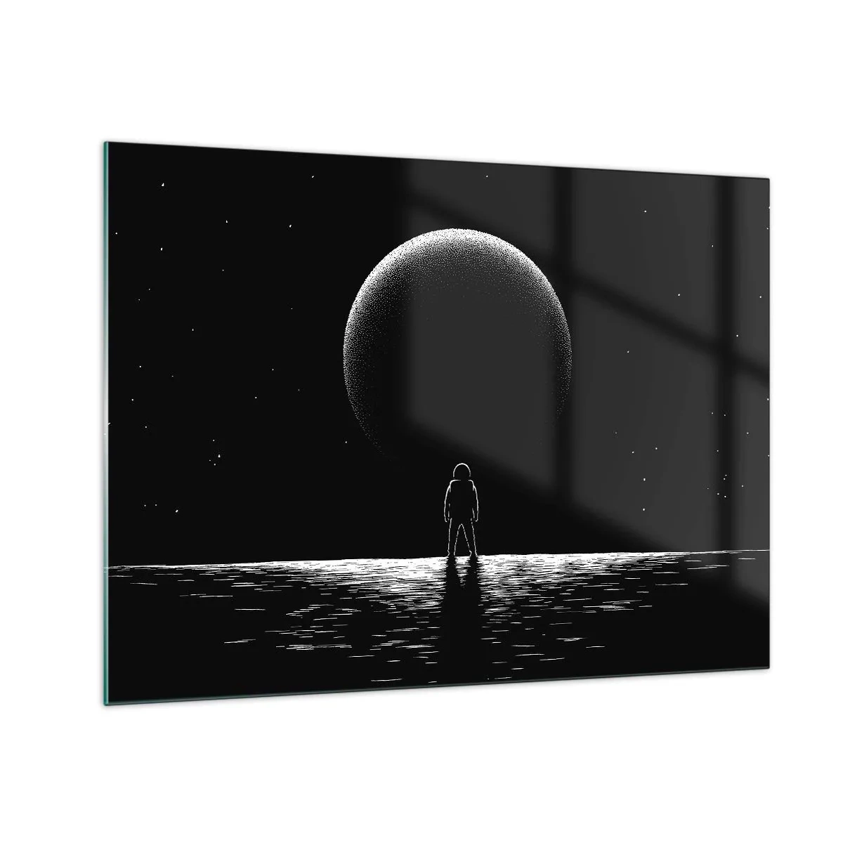 Glastavla - Bild på glas - Astronaut som står framför en planet i svartvitt - 70x50cm - Ansikte mot ansikte - Modern väggdekoration för vardagsrum och sovrum ARTTOR