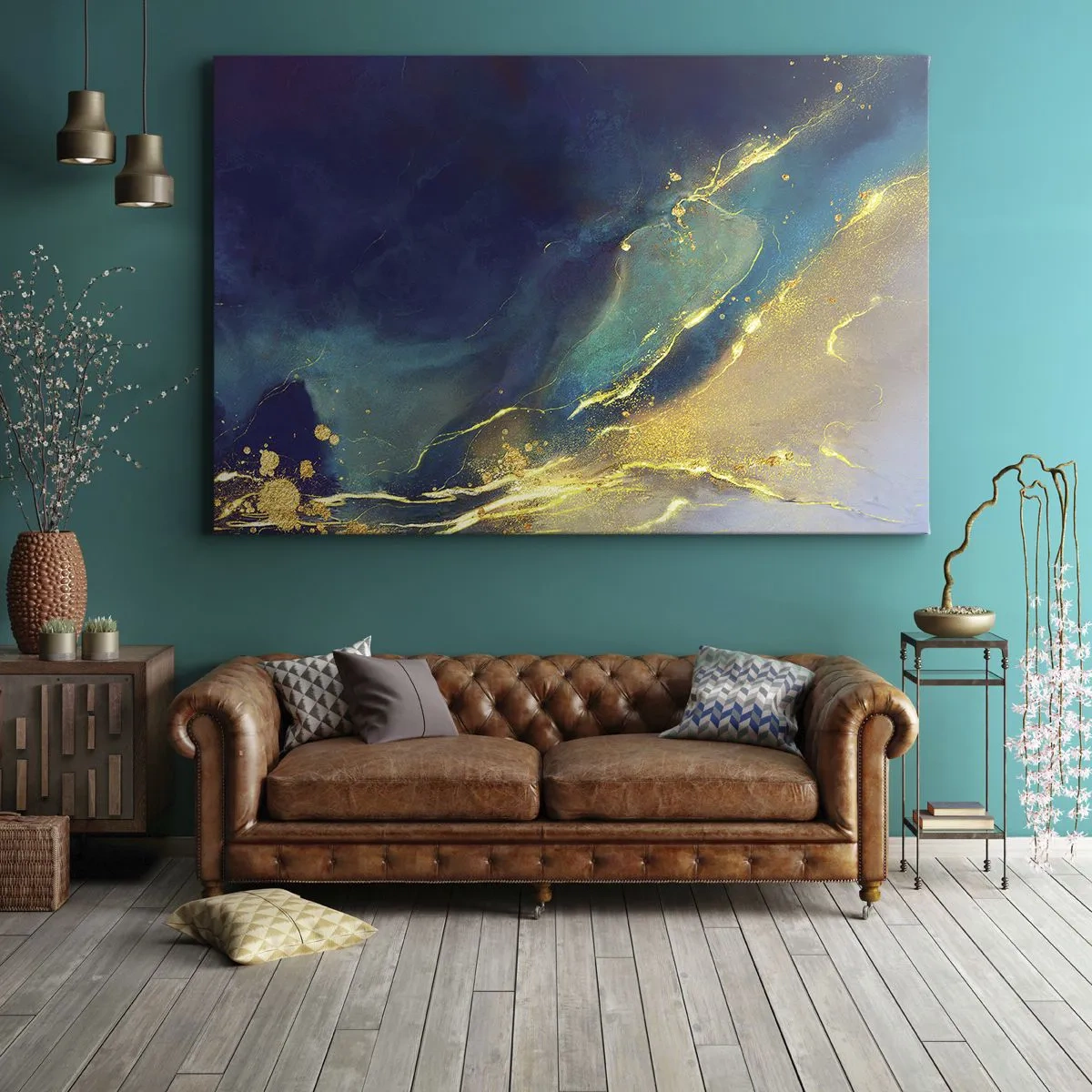 Canvastavla - Bild på duk - Abstrakt komposition i nyanser av blått och guld på duk - 70x50cm - Utspillt guld - Modern väggdekoration för vardagsrum och sovrum ARTTOR