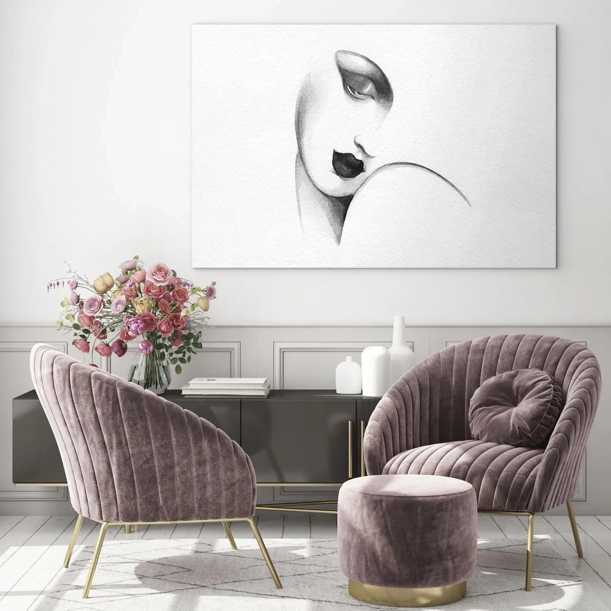 Glastavla - Bild på glas - Art Deco-skiss av ett kvinnans ansikte i svartvitt - 70x50cm - I Łempickas stil - Modern väggdekoration för vardagsrum och sovrum ARTTOR
