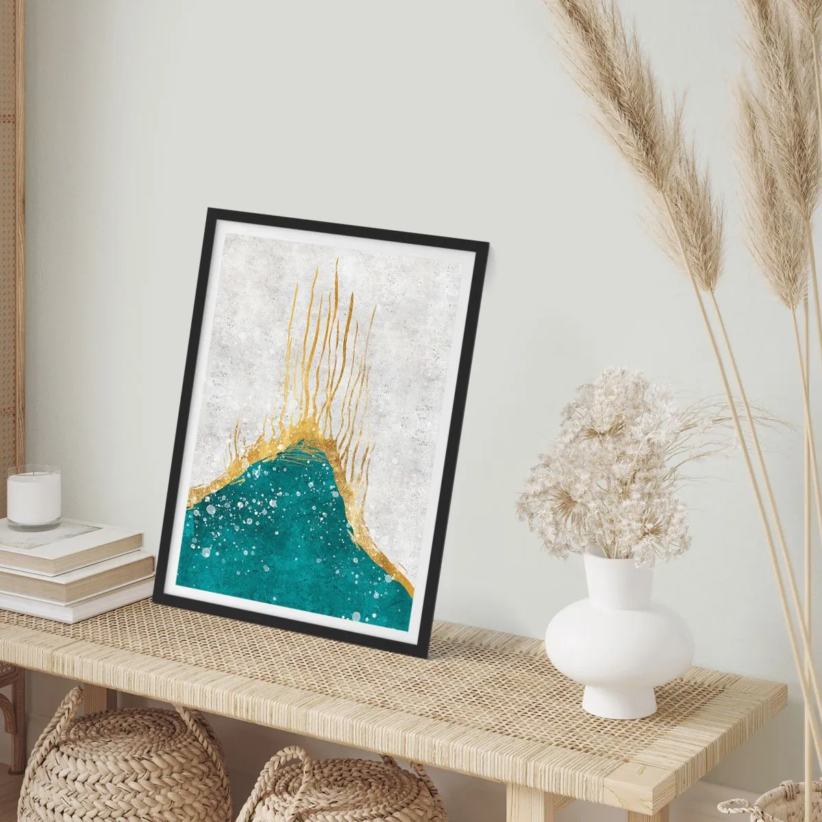 Affisch i svart ram - Abstrakt guld och blå komposition - 50x70cm - Gyllene tidvatten - Modern väggdekoration för vardagsrum och sovrum ARTTOR