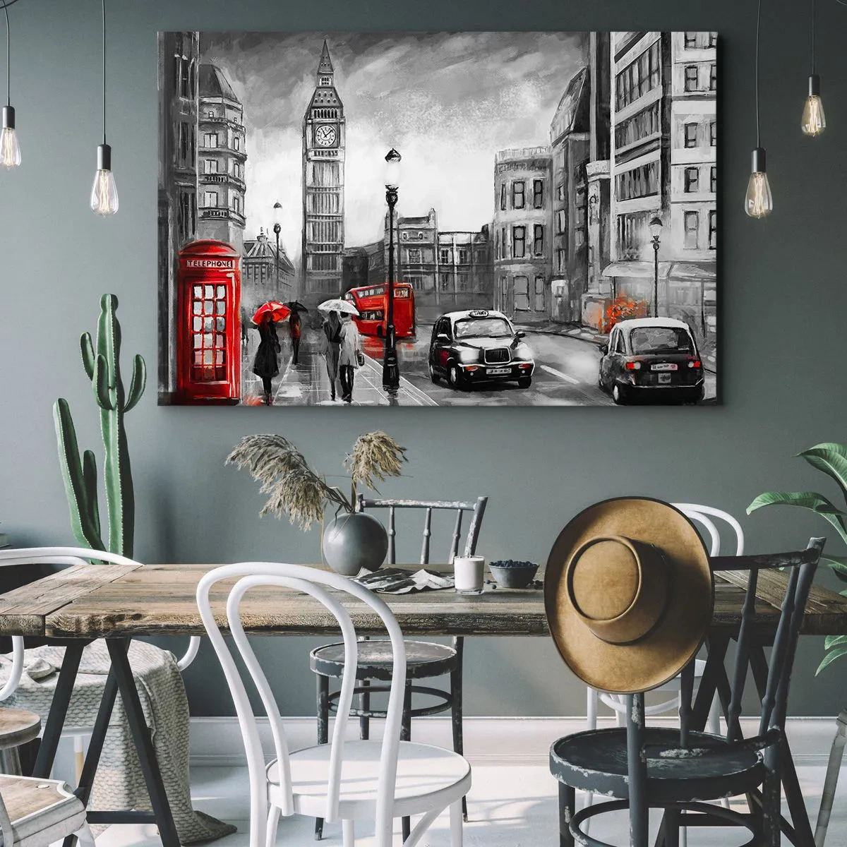 Canvastavla - Bild på duk - En Londonscen i svartvitt med röda accenter - 70x50cm - Inte alls en grå stad - Modern väggdekoration för vardagsrum och sovrum ARTTOR
