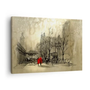 Canvastavla - Bild på duk - En röd figur i en nostalgisk stadsmiljö - 70x50cm - Träff i London-dimman  - Modern väggdekoration för vardagsrum och sovrum ARTTOR