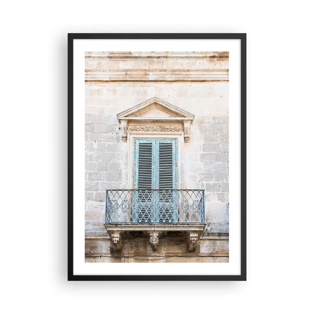 Affisch i svart ram - Historisk balkong med blå fönsterluckor i medelhavsstil - 50x70cm - Italiens unika charm - Modern väggdekoration för vardagsrum och sovrum ARTTOR