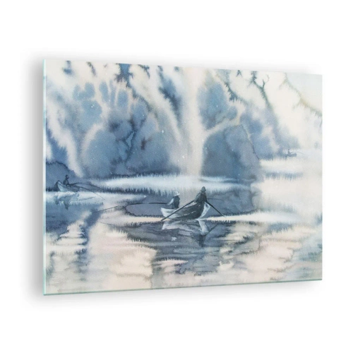 Glastavla - Bild på glas - Två fiskare på en båt omgiven av ett dimmigt landskap - 70x50cm - Sportfiskare i sitt paradis - Modern väggdekoration för vardagsrum och sovrum ARTTOR