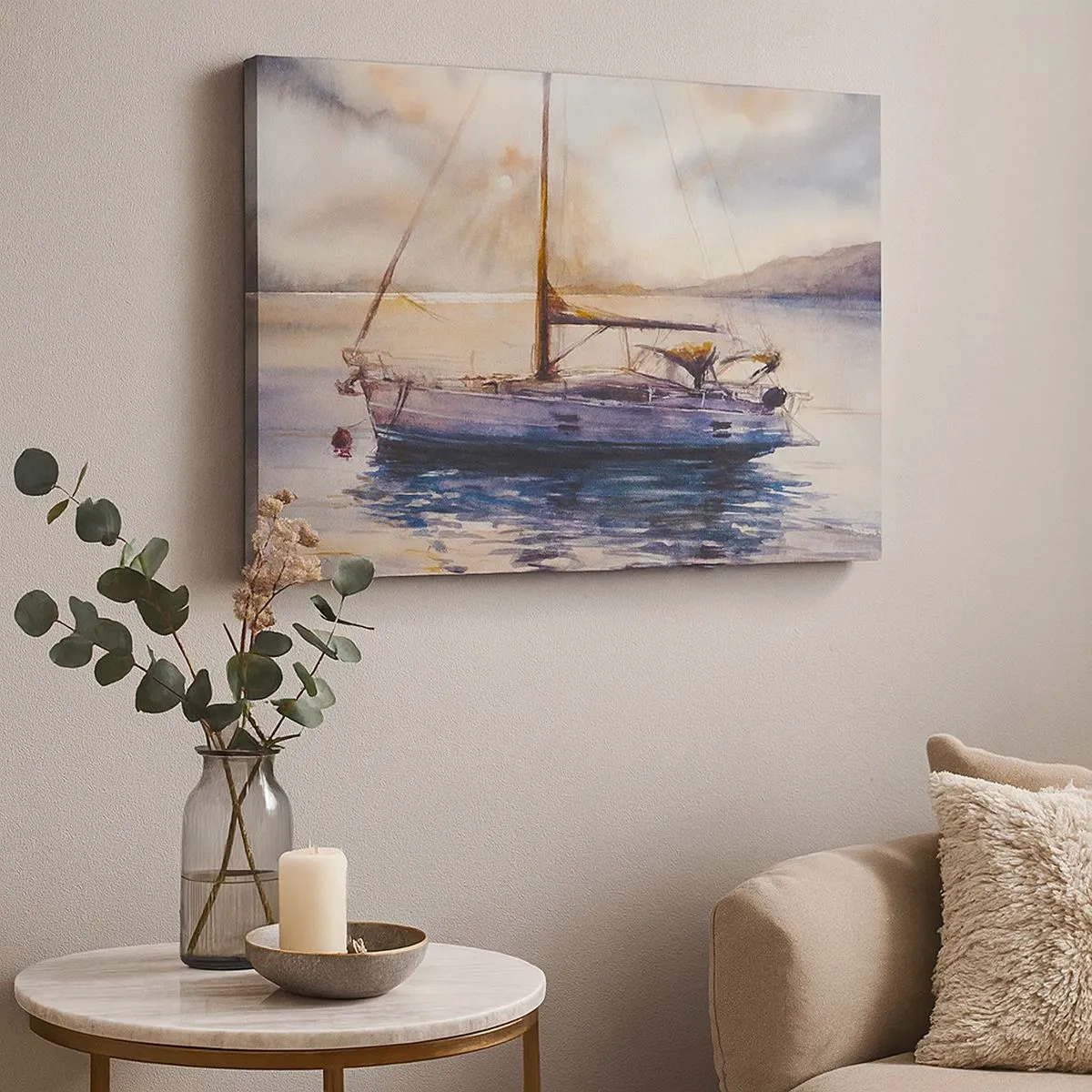 Canvastavla - Bild på duk - En yacht på ett lugnt hav vid solnedgången - 70x50cm - Kväll i viken - Modern väggdekoration för vardagsrum och sovrum ARTTOR