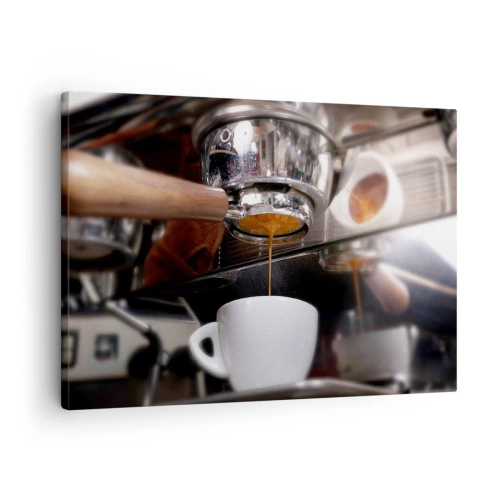 Canvastavla - Bild på duk - Närbild av en kaffemaskin som förbereder en färsk espresso - 70x50cm - En bra stund på dagen - Modern väggdekoration för vardagsrum och sovrum ARTTOR