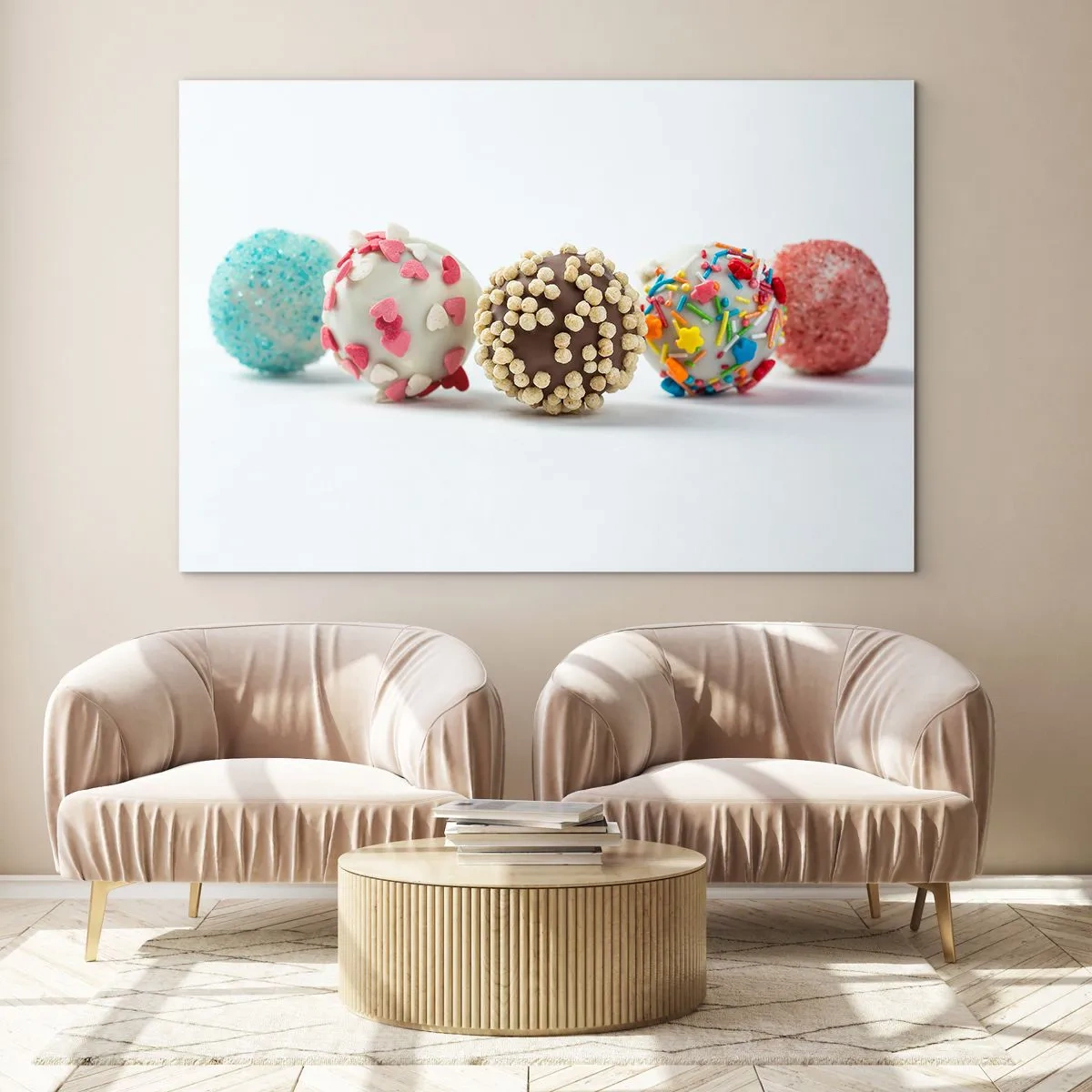 Glastavla - Bild på glas - Färgglada desserttryfflar med dekorativa strössel - 70x50cm - Livet kan vara sött - Modern väggdekoration för vardagsrum och sovrum ARTTOR