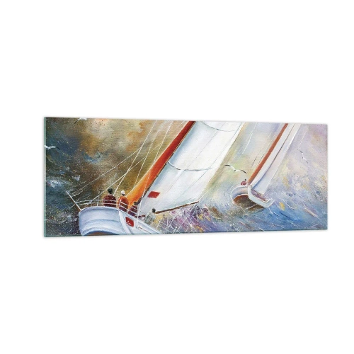 Glastavla - Bild på glas - Springande på vågorna - 140x50 cm