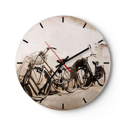 Väggklocka - Klocka på glas - Retrocyklar mot en vägg - 30x30cm - Oförglömlig charm av det förflutna - Modern väggdekoration för vardagsrum, kök och sovrum ARTTOR