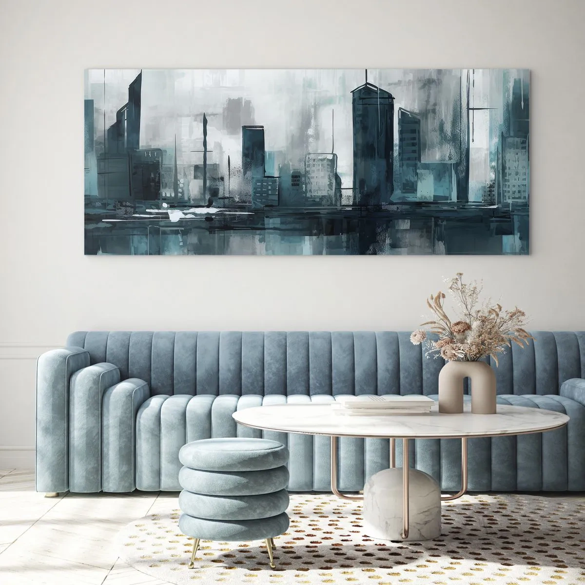 Glastavla - Bild på glas - Regnfärgad stad - 100x40 cm