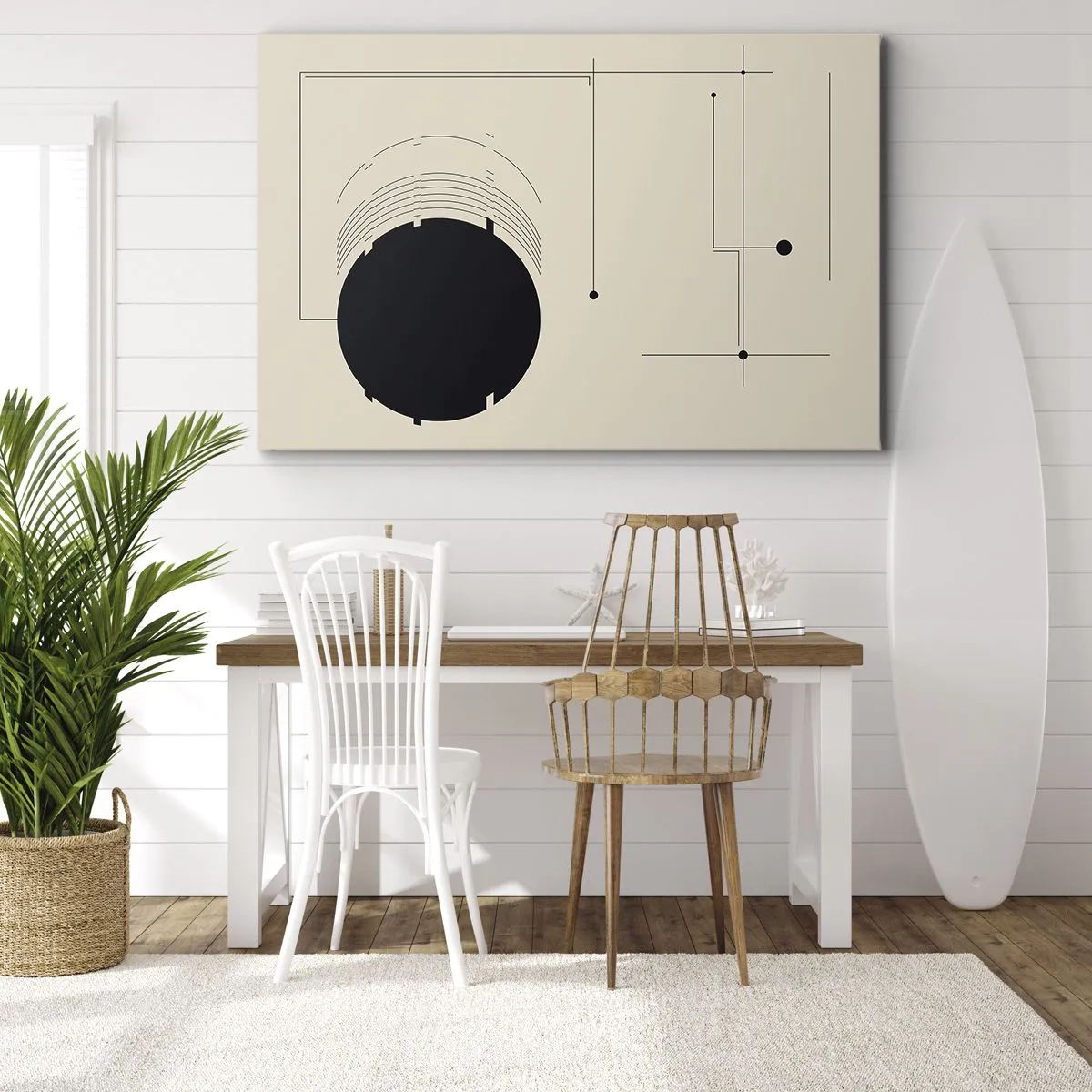 Canvastavla - Bild på duk - Svarta geometriska linjer och en cirkel på en beige bakgrund - 70x50cm - Fjädrande och dynamisk komposition - Modern väggdekoration för vardagsrum och sovrum ARTTOR