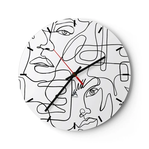 Väggklocka - Klocka på glas - Minimalistiska linjekonst ansiktsskisser på vit bakgrund - 30x30cm - I trassliga känslor - Modern väggdekoration för vardagsrum, kök och sovrum ARTTOR