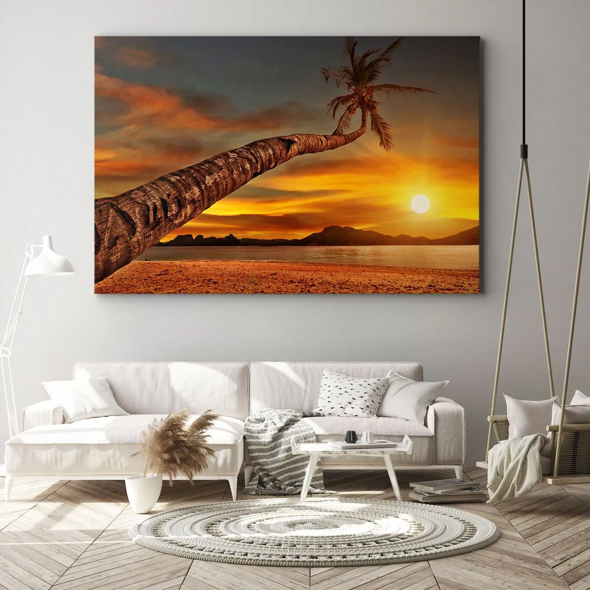 Canvastavla - Bild på duk - Palmträd på stranden vid solnedgången med utsikt över havet - 70x50cm - Exotisk semester, ett äventyr i Karibien - Modern väggdekoration för vardagsrum och sovrum ARTTOR
