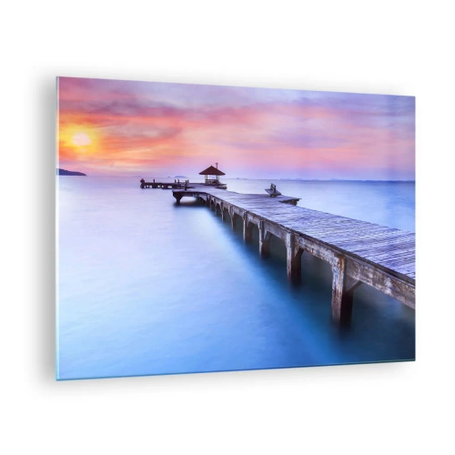 Glastavla - Bild på glas - Träpir vid soluppgången på lugnt vatten - 70x50cm - Lugnets hav ända fram till horisonten - Modern väggdekoration för vardagsrum och sovrum ARTTOR