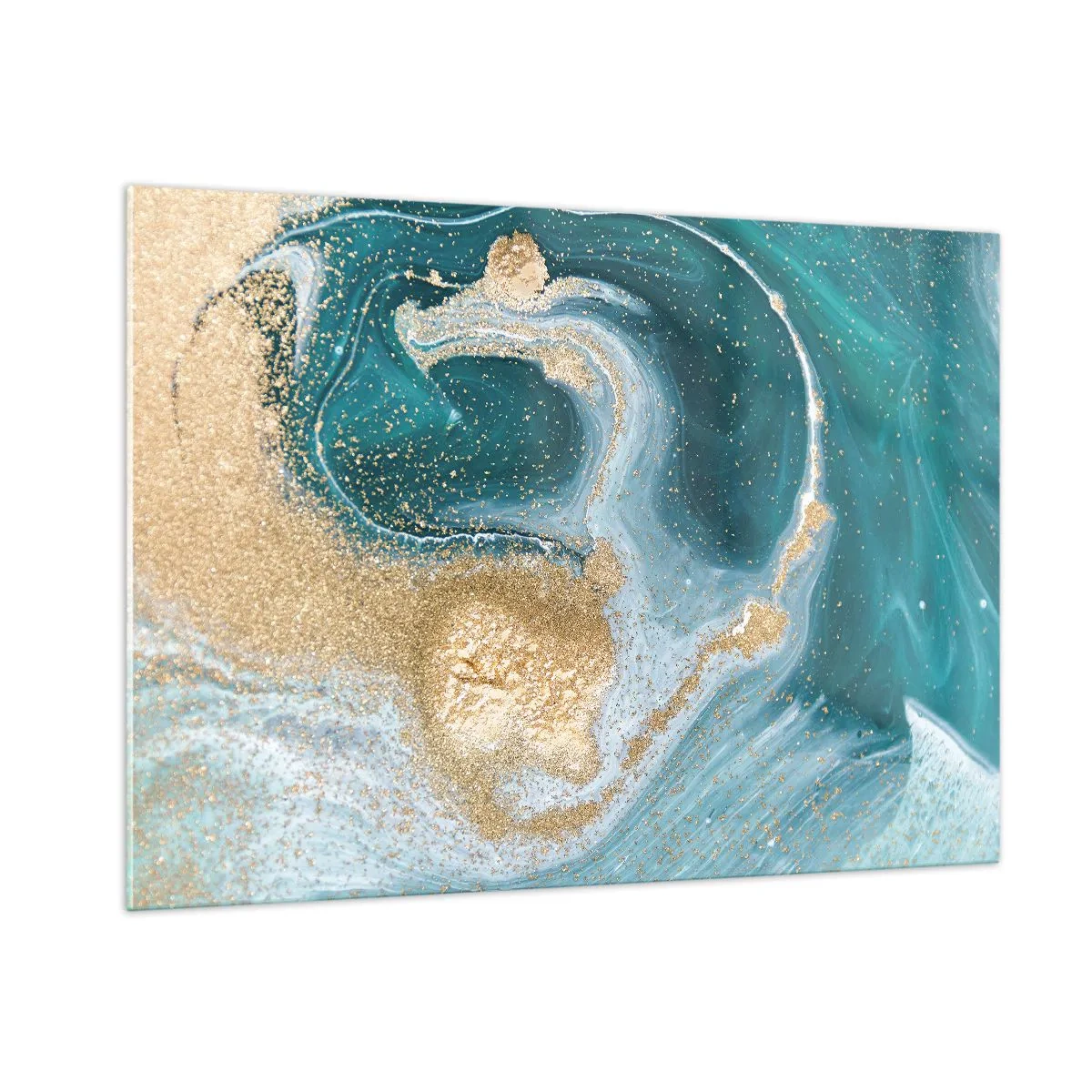 Glastavla - Bild på glas - Guld- och turkosvirvel - 100x70 cm