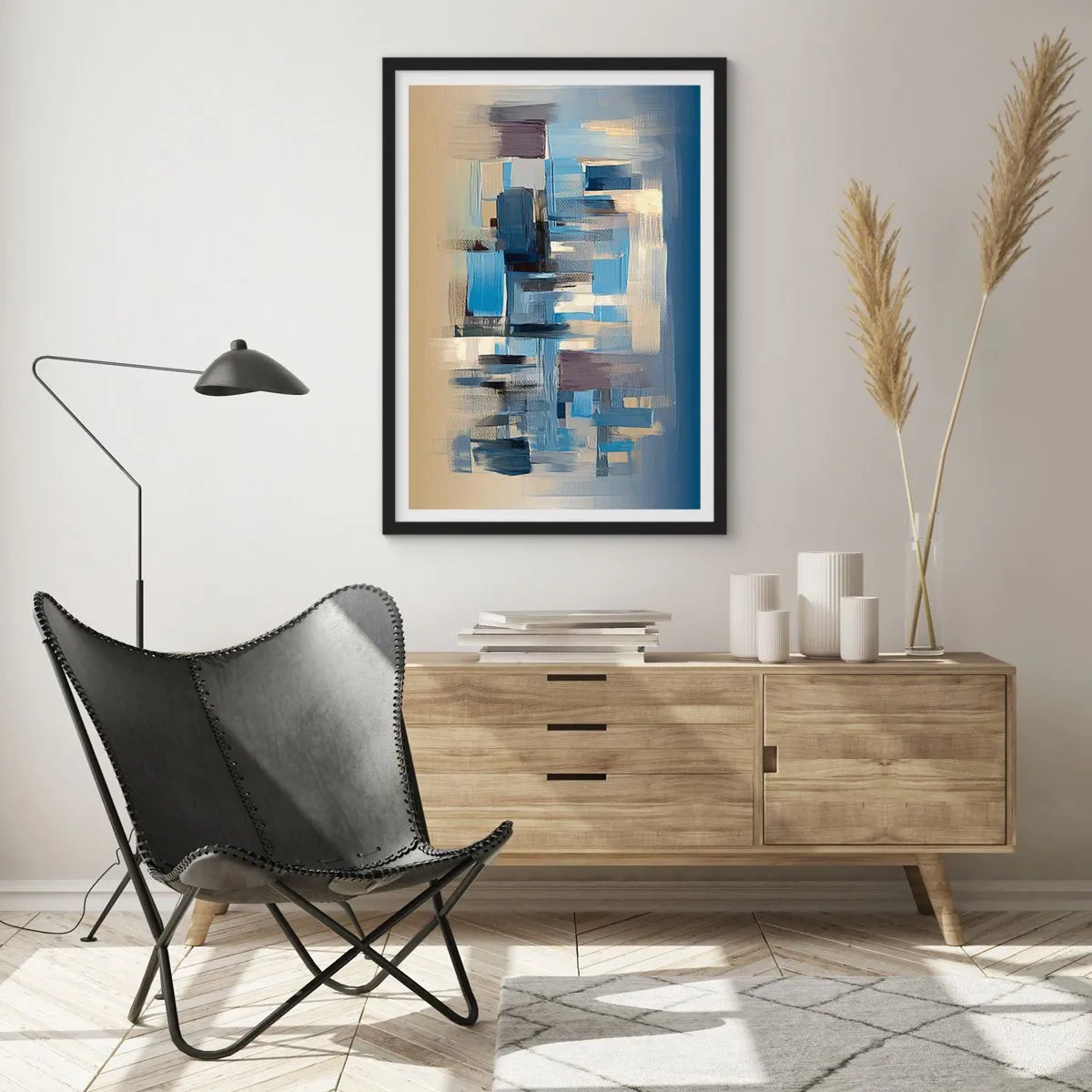 Affisch i svart ram - Abstrakt geometrisk komposition i nyanser av blått - 50x70cm - Blå konstruktion - Modern väggdekoration för vardagsrum och sovrum ARTTOR